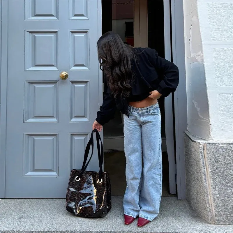 Leopard Print Five-pointed Star Deconstructing Jeans For Women made by Maiden-Art