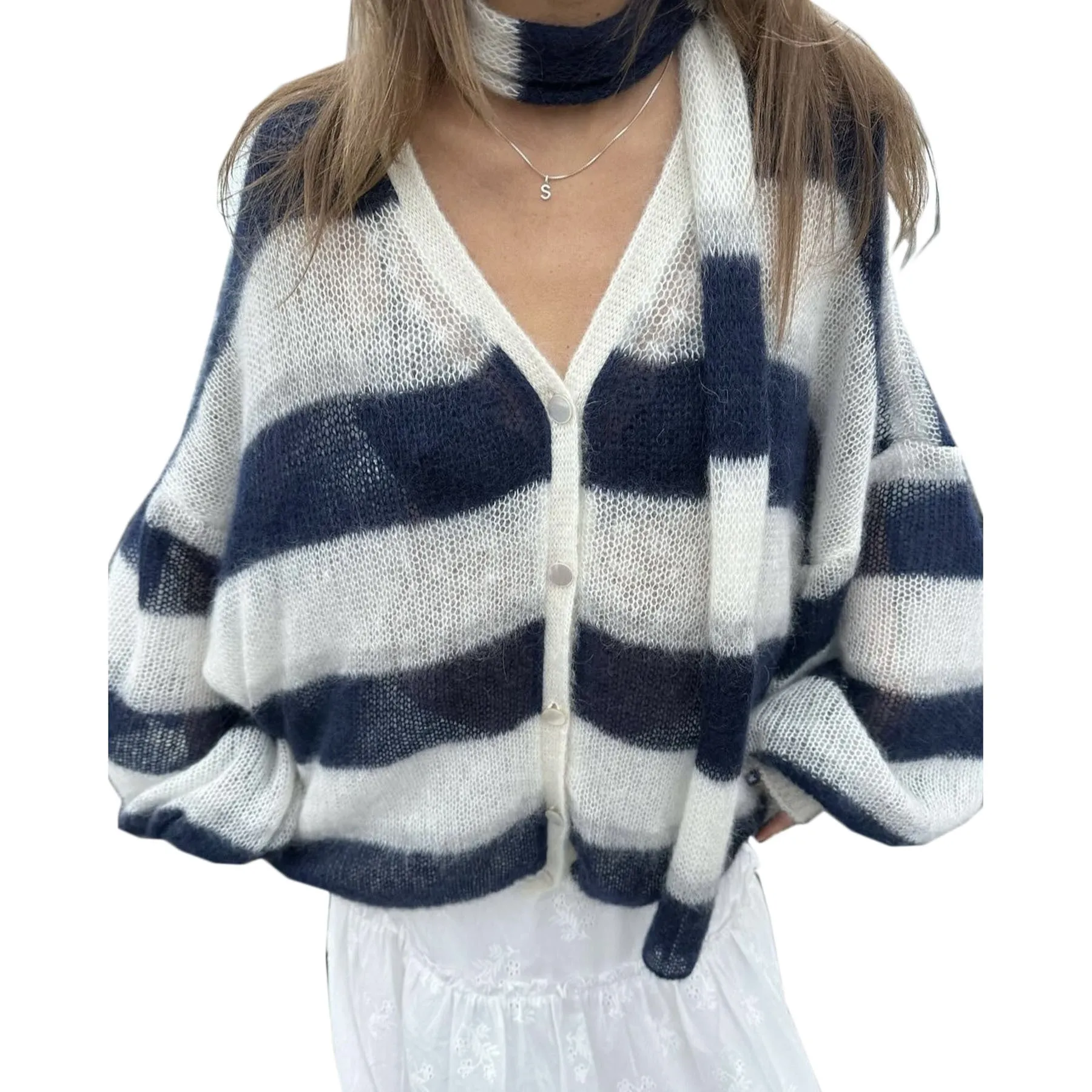 Loose And Idle Striped Sweater Cardigan With Scarf sold by Maiden-Art product image thumbnail 5