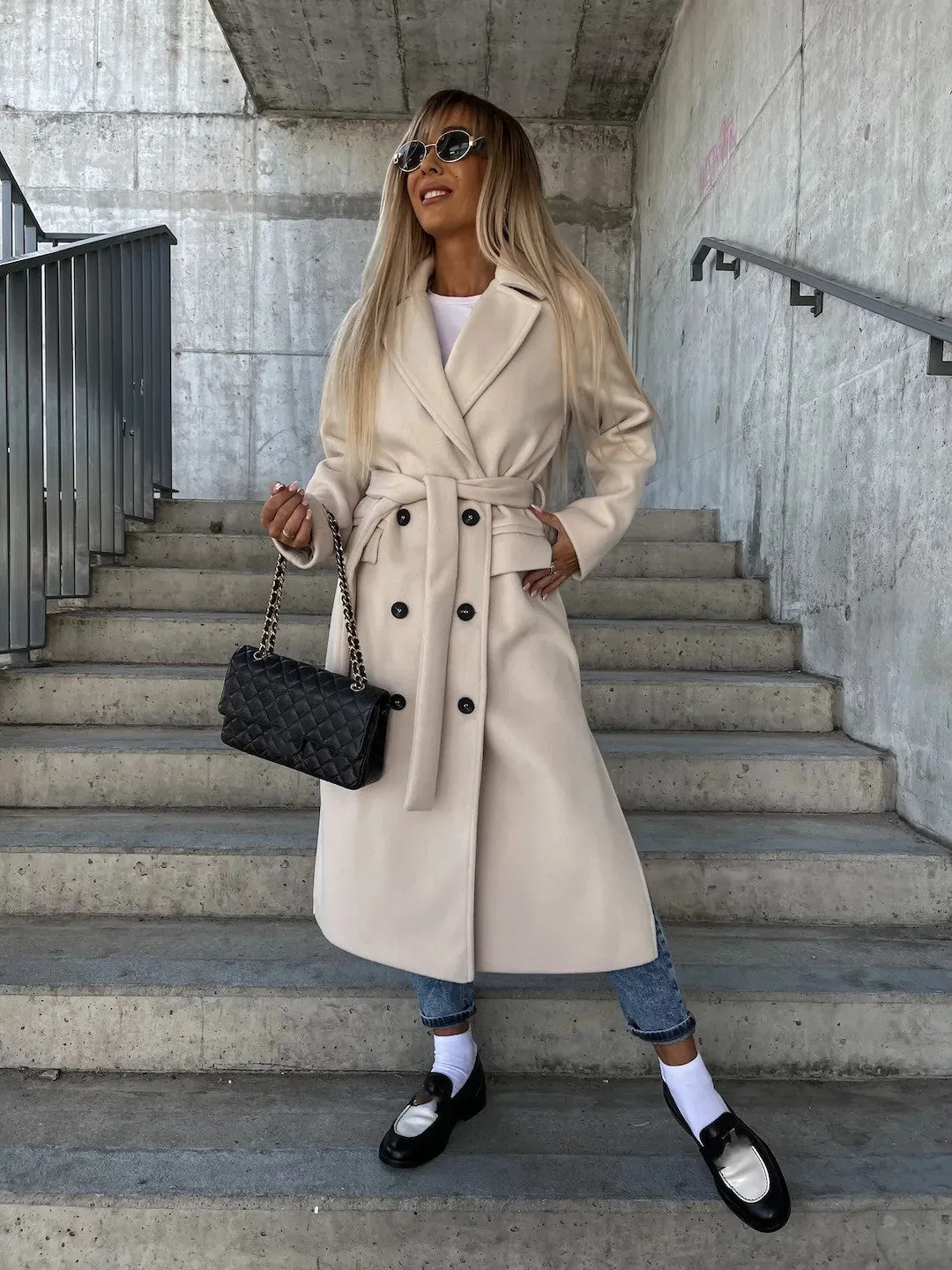 Double-breasted Lapel Split Jacket With Belt Winter Fashion Casual Long Sleeve Button Daily Coats For Women Clothing sold by Maiden-Art product image thumbnail 5