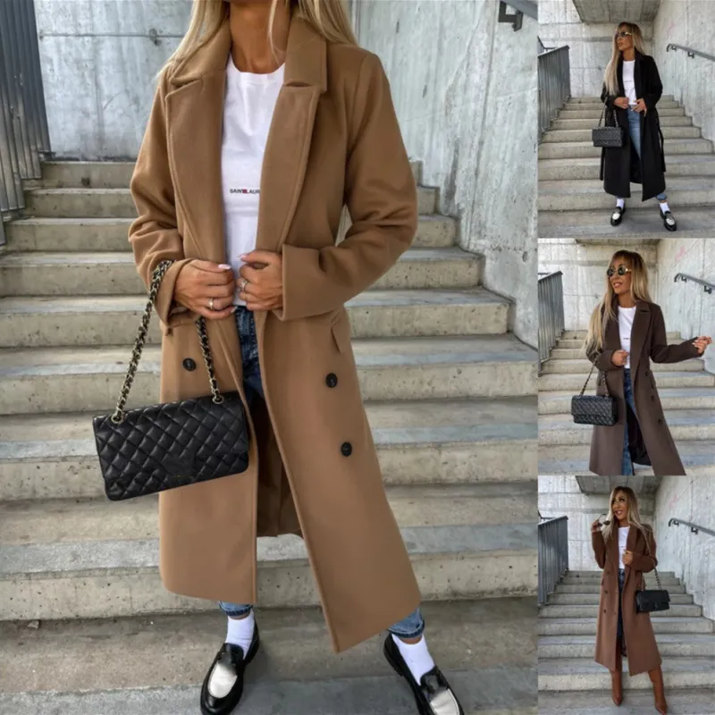 Double-breasted Lapel Split Jacket With Belt Winter Fashion Casual Long Sleeve Button Daily Coats For Women Clothing made by Maiden-Art