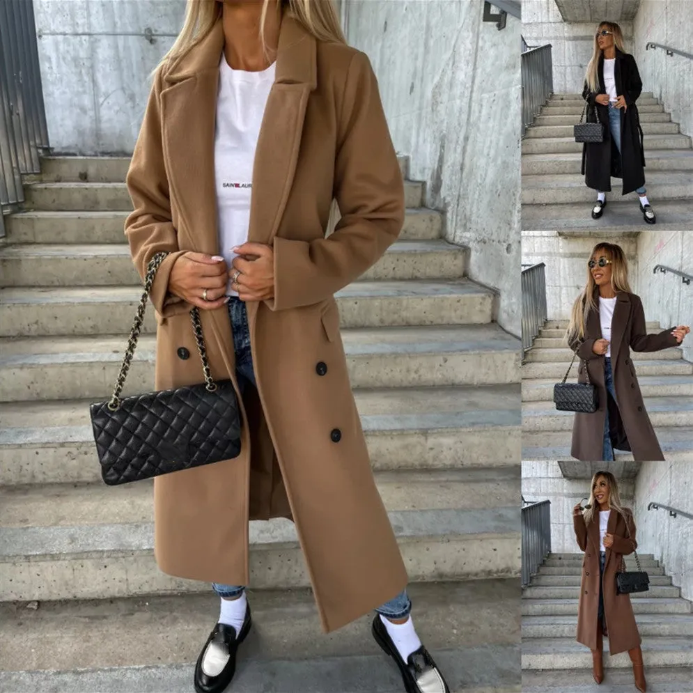 Double-breasted Lapel Split Jacket With Belt Winter Fashion Casual Long Sleeve Button Daily Coats For Women Clothing sold by Maiden-Art