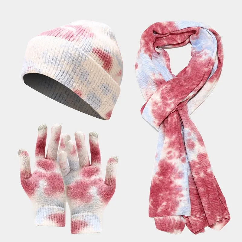 Tie-dye Knitted Hat Gloves Scarf Set Ladies sold by Maiden-Art