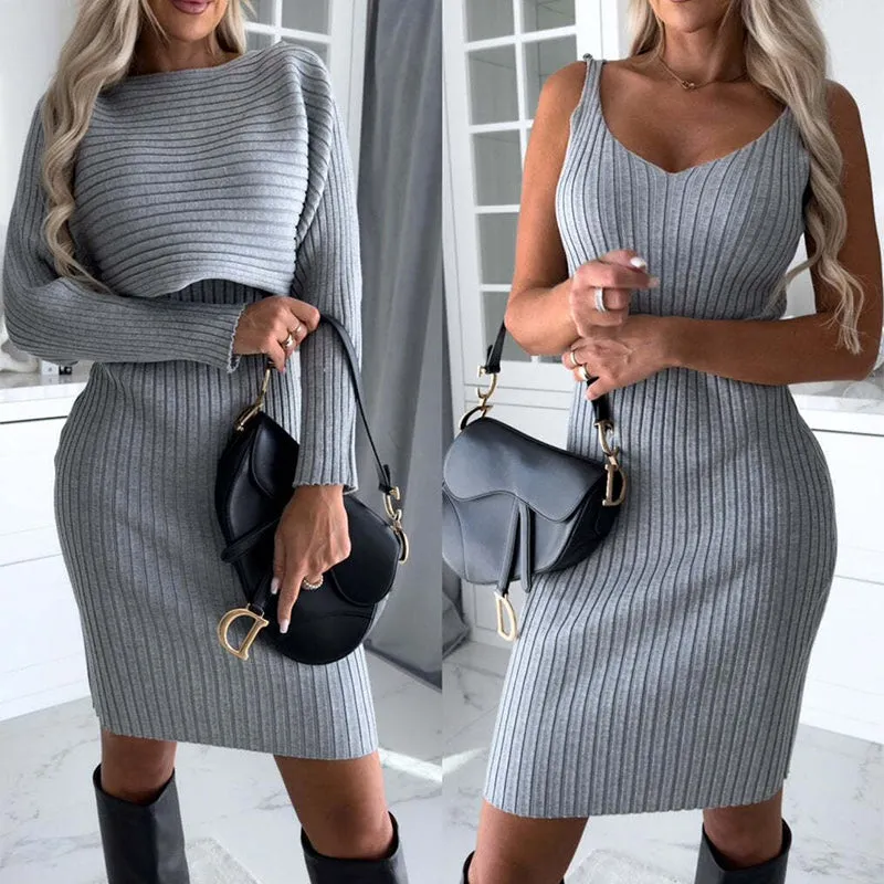 2pcs Suit Women's Solid Stripe Long-sleeved Top And Tight Suspender Skirt Fashion Autumn Winter Slim Clothing sold by Maiden-Art