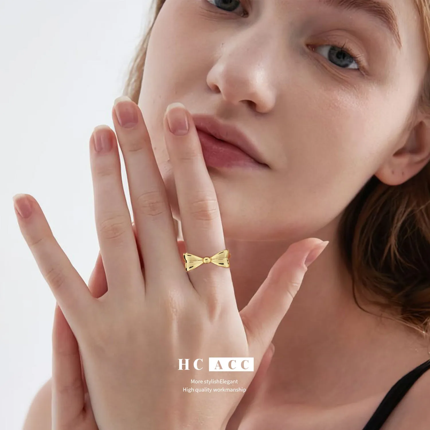 European and American style copper plated real gold bow ring opening design adjustable size fashion luxury high-end ring sold by Maiden-Art product image thumbnail 3