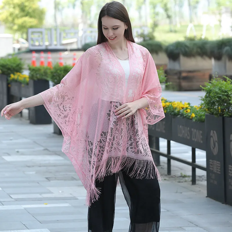 Lace fringed cardigan large shawl, sun protection shawl, women's evening dress cheongsam shawl, travel and vacation beach shawl sold by Maiden-Art product image thumbnail 4