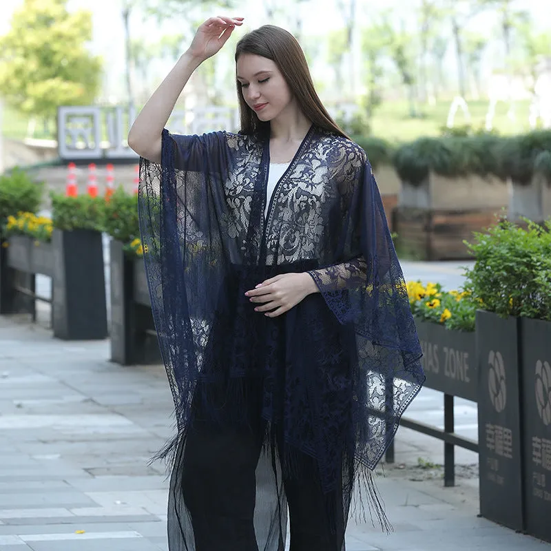 Lace fringed cardigan large shawl, sun protection shawl, women's evening dress cheongsam shawl, travel and vacation beach shawl sold by Maiden-Art product image thumbnail 3