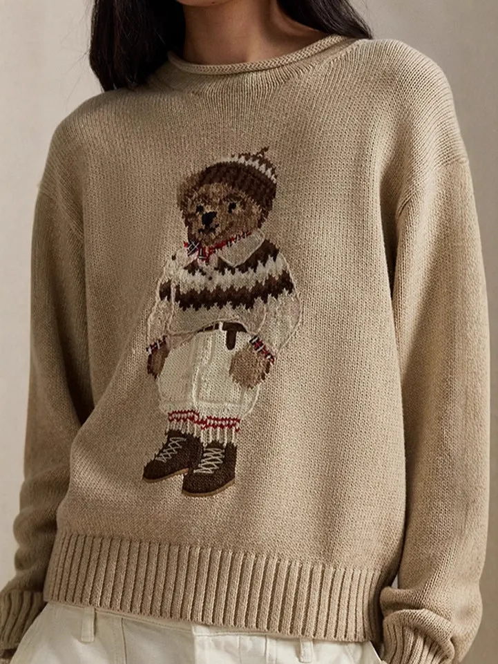 Women's teddy bear embroidery retro slim fit sweater American college style knitted sweater top sold by Maiden-Art
