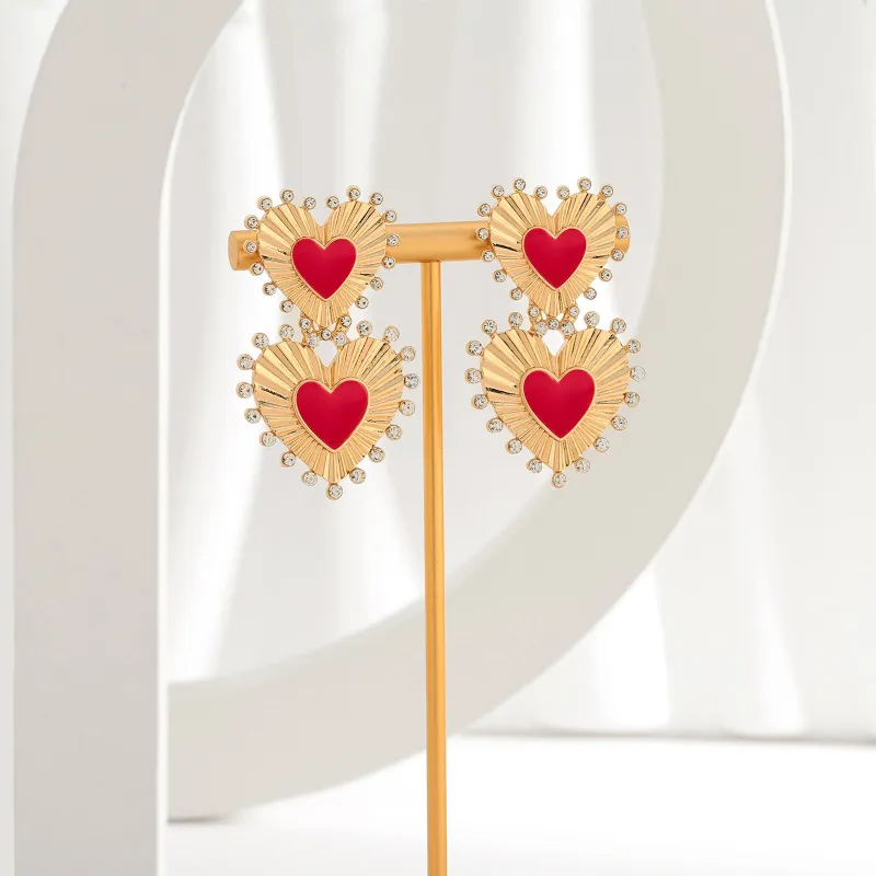 Mid ancient style drip oil inlaid diamond heart earrings, retro exaggerated earrings, temperament earrings, high-end earrings, long earrings sold by Maiden-Art