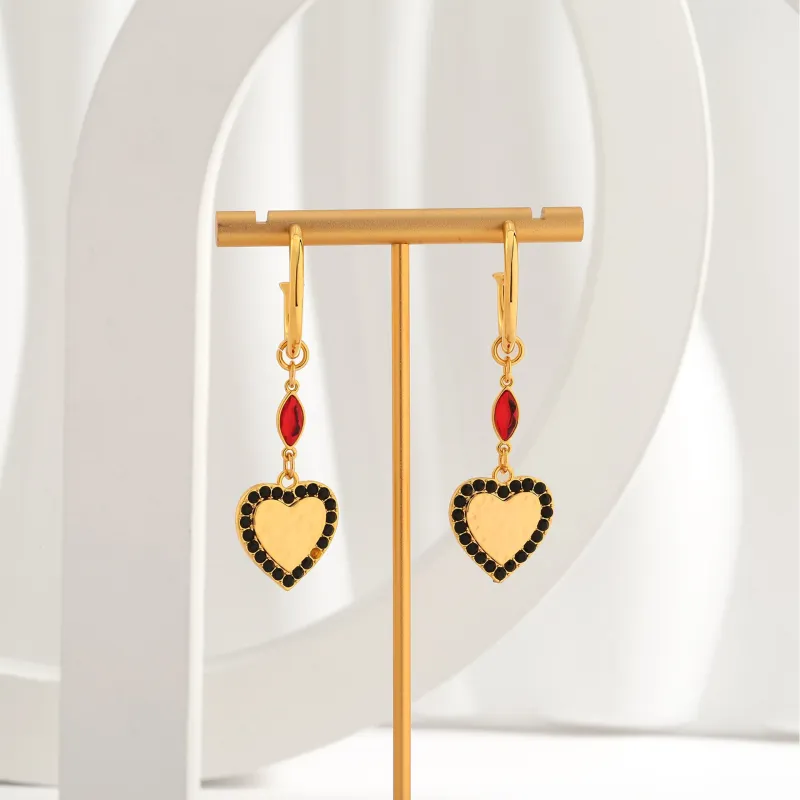 Retro black heart-shaped earrings, European and American minimalist red heart-shaped gold earrings, diamond studded high-end earrings made by Maiden-Art
