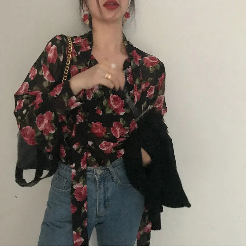 Women Retro Floral Chic Chiffon Spring Fall Fashion Lace-up Design Soft Female Shirts Top Ins made by Maiden-Art