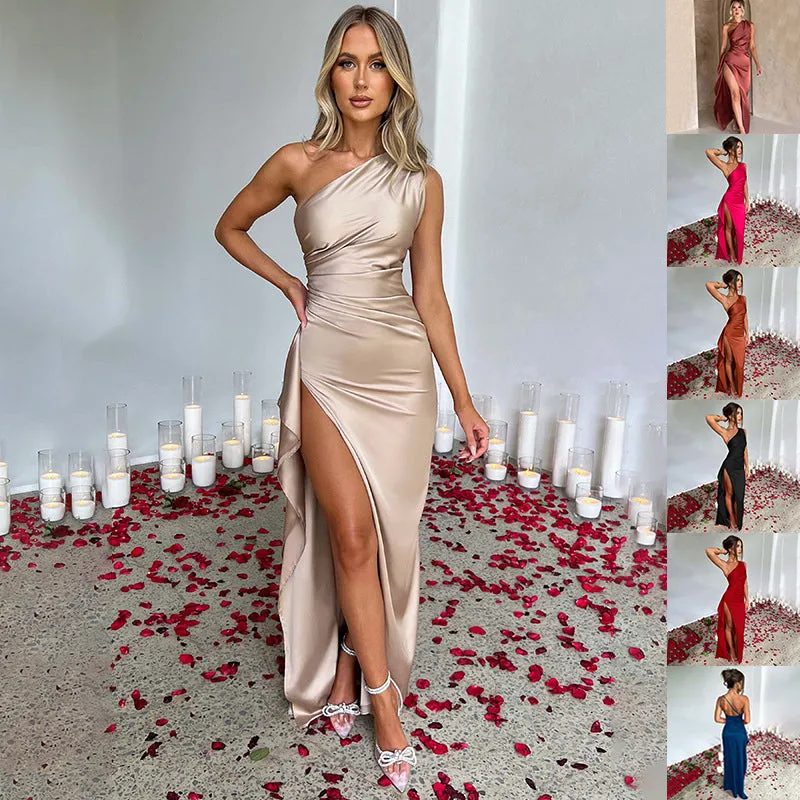Sexy One-shoulder Backless Slit Dress Summer Elegant Slim-fit Solid Color Satin Dresses For Women made by Maiden-Art