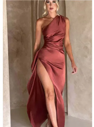 Sexy One-shoulder Backless Slit Dress Summer Elegant Slim-fit Solid Color Satin Dresses For Women sold by Maiden-Art product image thumbnail 2