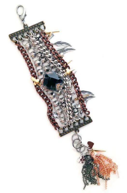 Cuff bracelet with natural stone, rhinestones, charms and burnished gold. Contemporary jewellery, Boho bracelet sold by Maiden-Art