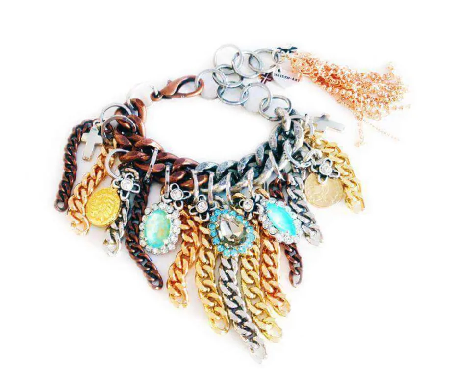 Handmade fringe bracelet with Swarovski crystals, charms and burnished gold. Boho Jewelry, boho bracelet, bohemian jewellery. Swarovski bracelet. sold by Maiden-Art
