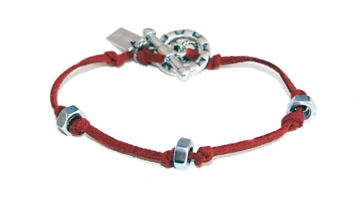 Mens bracelet in burgundy deerskin and bolt nuts sold by Maiden-Art