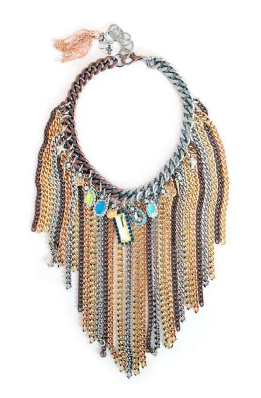 Handmade fringe necklace with crystals, charms and burnished gold. Boho Jewelry, boho necklace, bohemian jewelry. sold by Maiden-Art