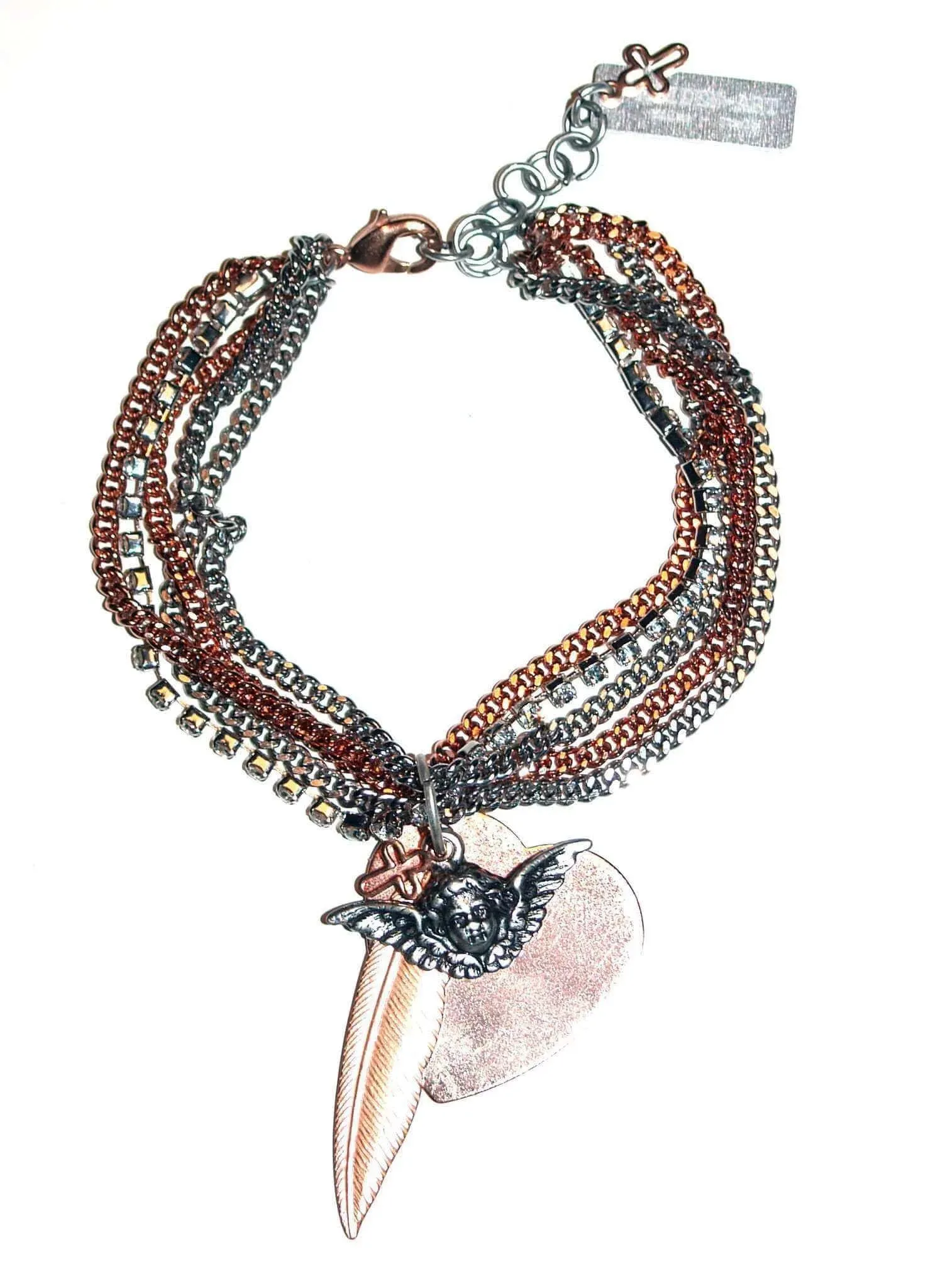 Swarovski Crystals, Feather, Heart and Angel Charms Bracelet in Rose Gold or Silver. sold by Maiden-Art