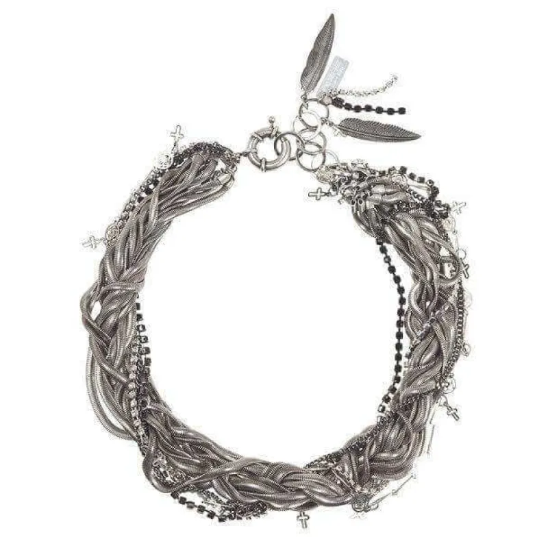 Multi chain necklace made with silver and black ematite crystals, silver plated brass, little cross charms and metal feather pendants. sold by Maiden-Art