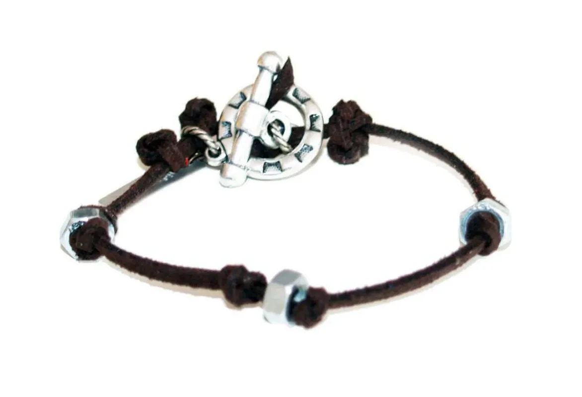 Mens bracelet in brown deerskin and bolt nuts sold by Maiden-Art