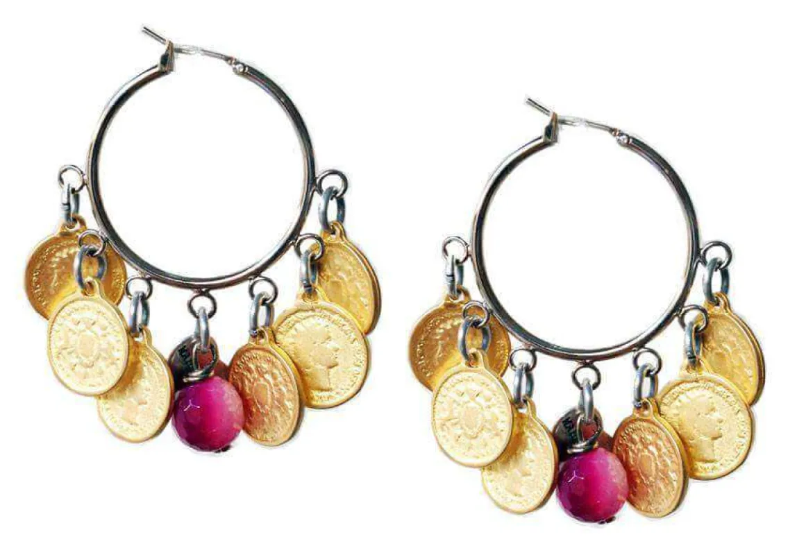Hoop Earrings with gold coins and pink agate stones. sold by Maiden-Art