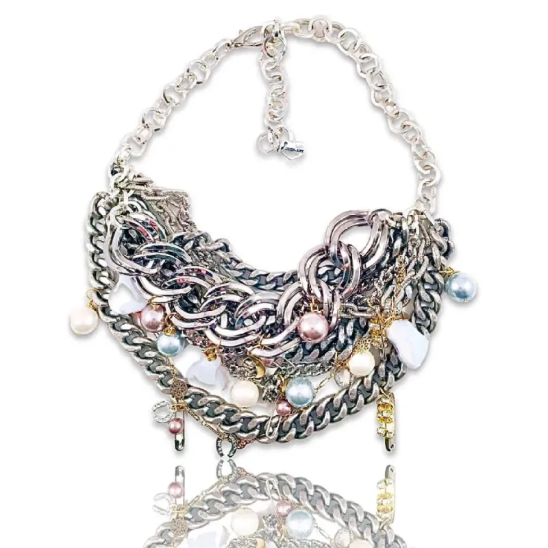 Silver statement necklace with calcedony, pearls and charms. Perfect for parties, summer time and gift for her. sold by Maiden-Art