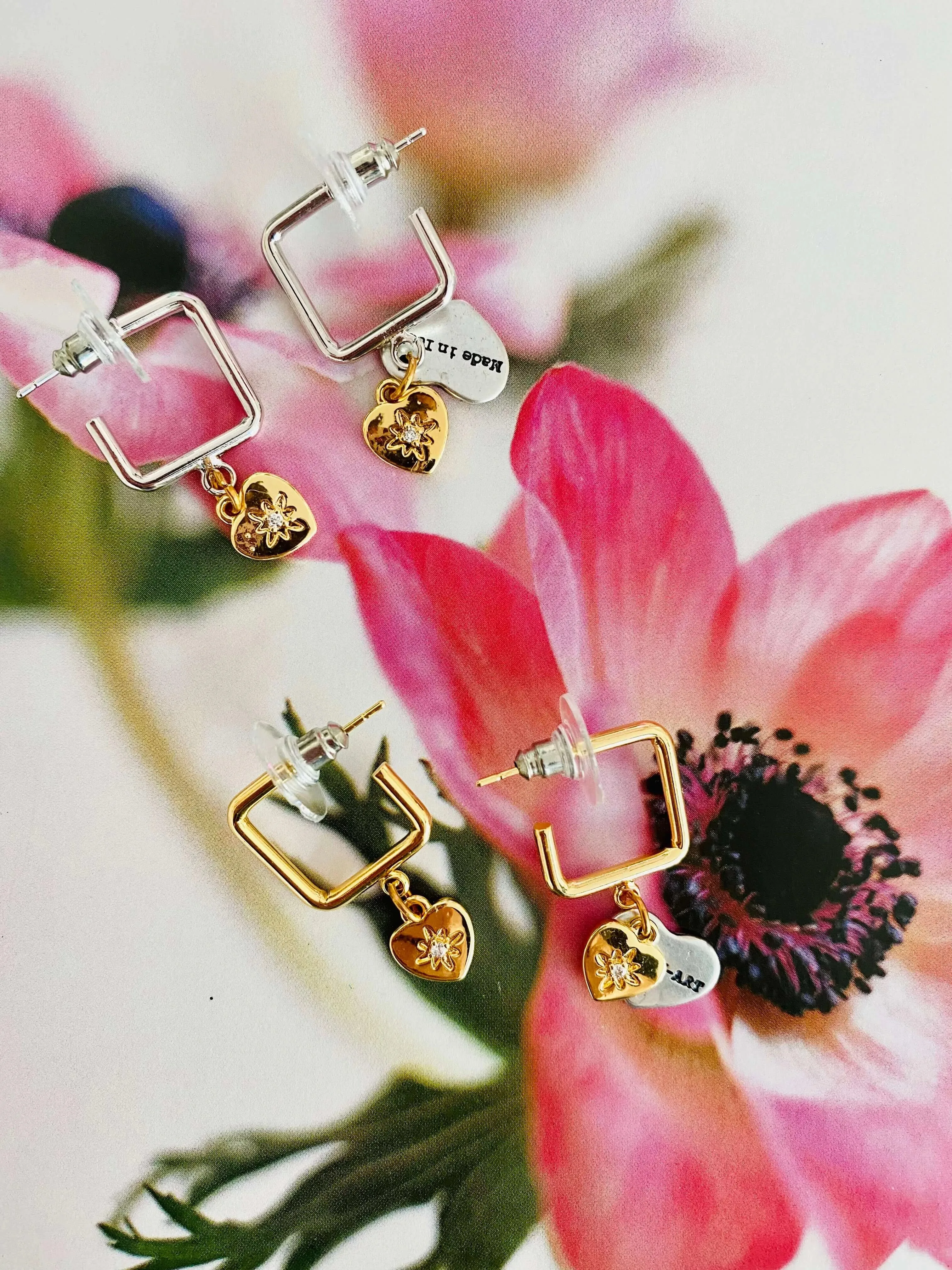 Square Hoop Earrings with Heart and Cubic Zirconia. Square Earrings. sold by Maiden-Art product image thumbnail 3