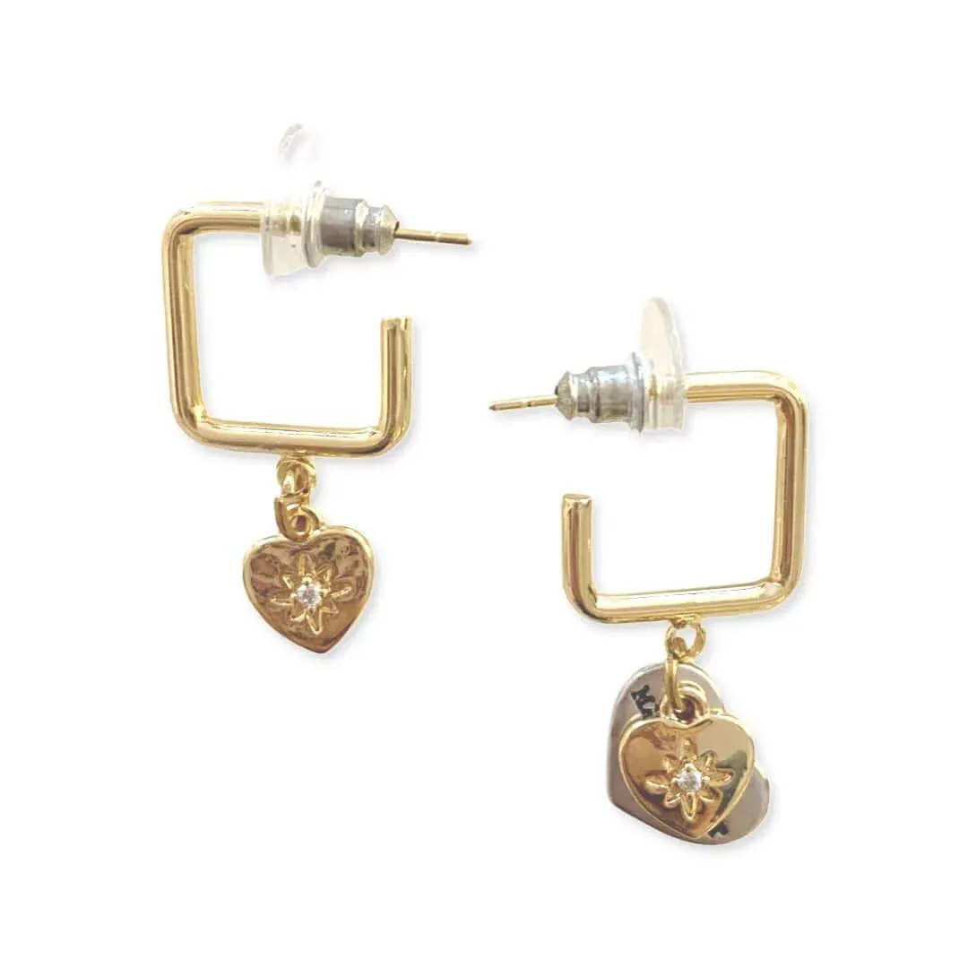 Square Hoop Earrings with Heart and Cubic Zirconia. Square Earrings. sold by Maiden-Art