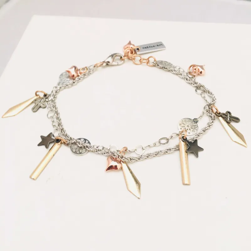 Gold Spikes Bracelet with Black Star, Bronze Crosses and Rose Gold Heart Charms. sold by Maiden-Art