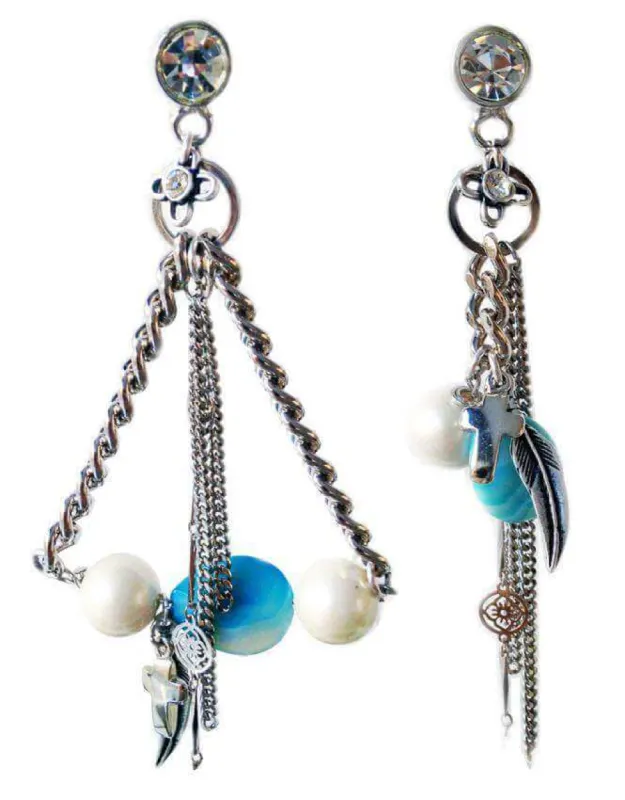 Chandelier earrings with blue agate stones, crosses, feathers, pearls, Swarovski crystals and charms. Trendy earrings, Trendy jewelry. sold by Maiden-Art