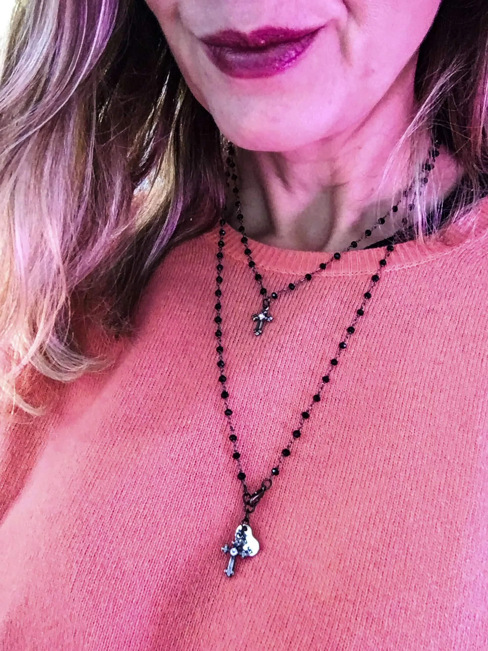 Black Rosary Necklace with silver cross and cubic zirconia. In 2 Length. sold by Maiden-Art product image thumbnail 2