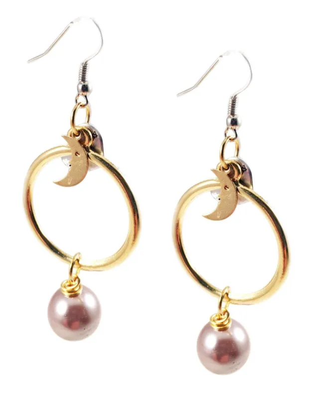 18kt Gold Plated and Silver Plated Hoop Earrings with Pearls and Moon Charms. Moon and Pearls Drop Earrings. sold by Maiden-Art