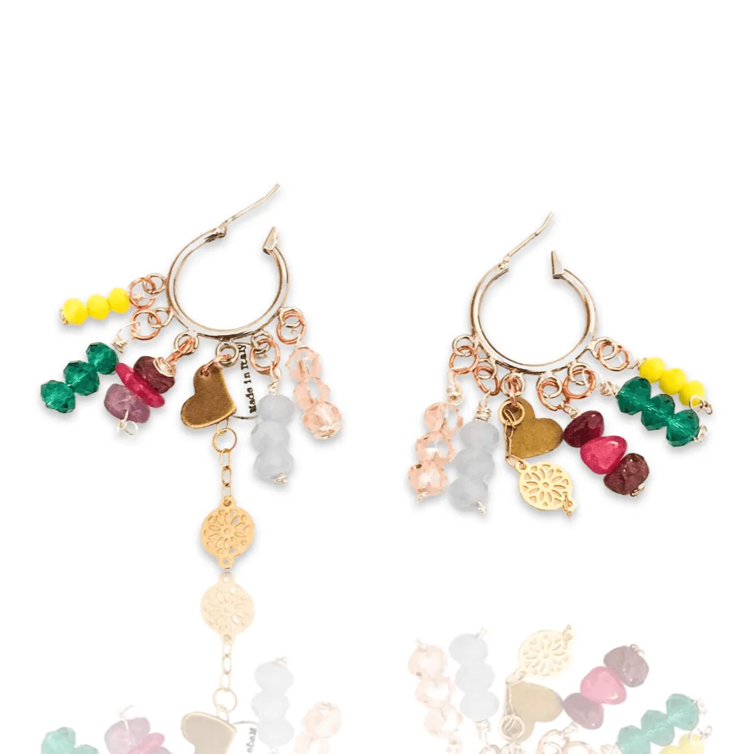 Colorful Beads and Stones Heart Charm Hoops Earrings sold by Maiden-Art