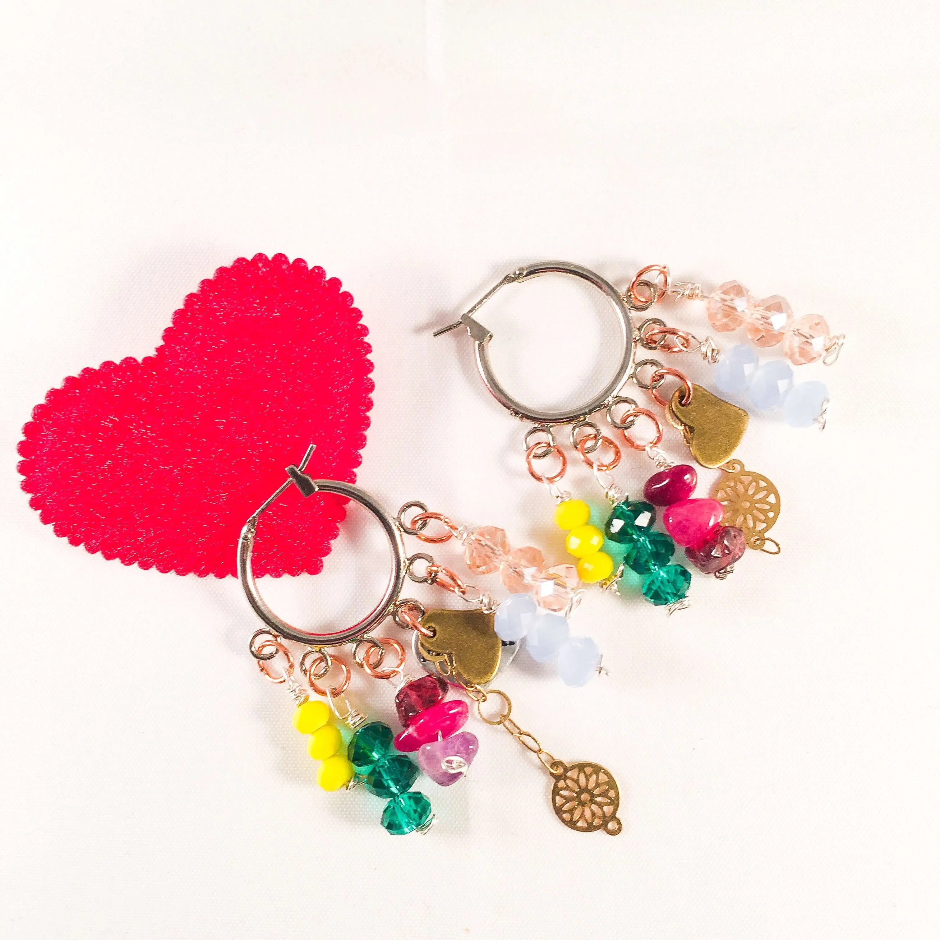 Colorful Beads and Stones Heart Charm Hoops Earrings sold by Maiden-Art product image thumbnail 2