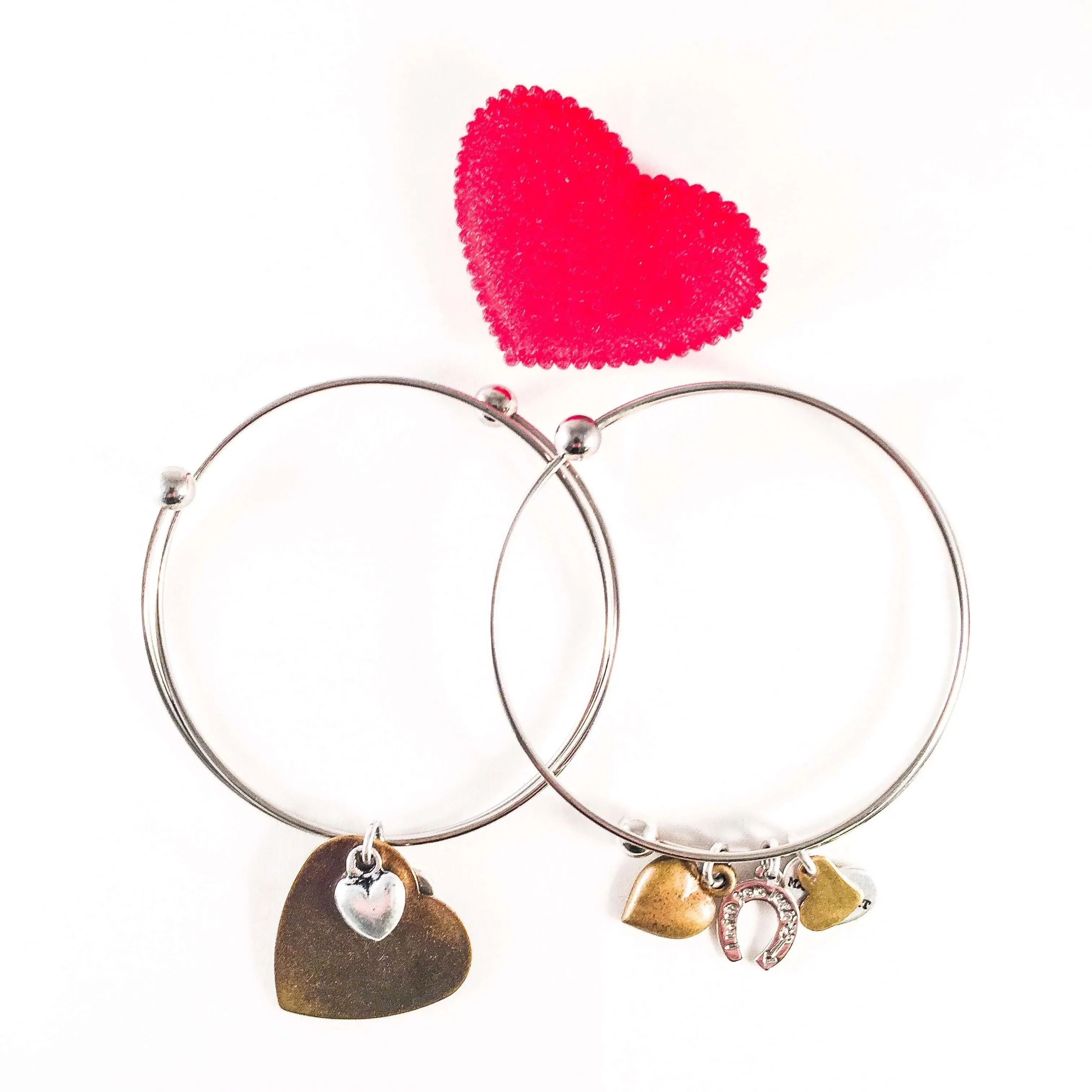 Silver Plated Bangle with bronze heart charms. 2 Styles. sold by Maiden-Art