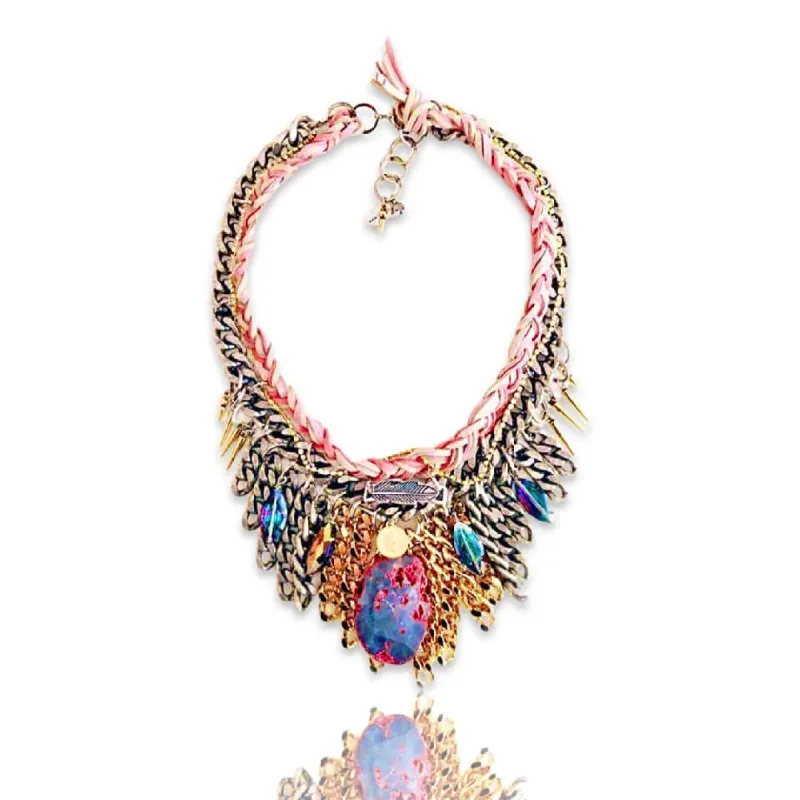 Multi strand necklace with big pink agate stone and suede leather sold by Maiden-Art