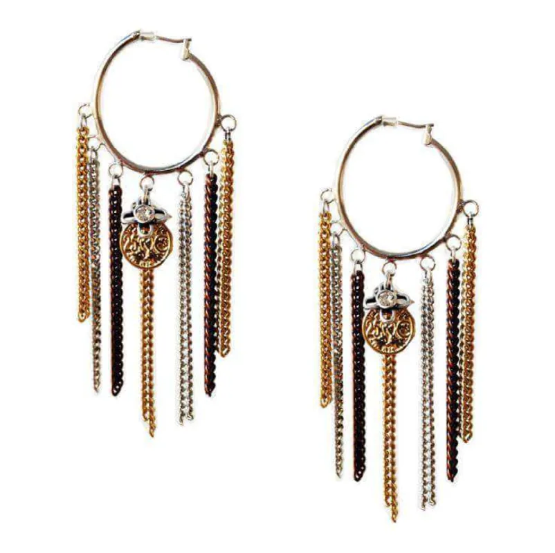 Hoop earrings with fringes, chains, charms and burnished gold. Contemporary jewellery, Boho earrings sold by Maiden-Art