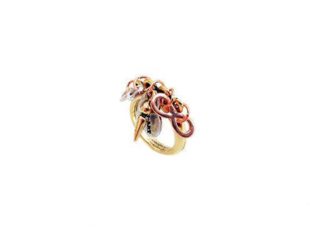 Gold and Silver plated brass ring with silver, rose gold infinity charms, pointed studs and logo engraved. sold by Maiden-Art