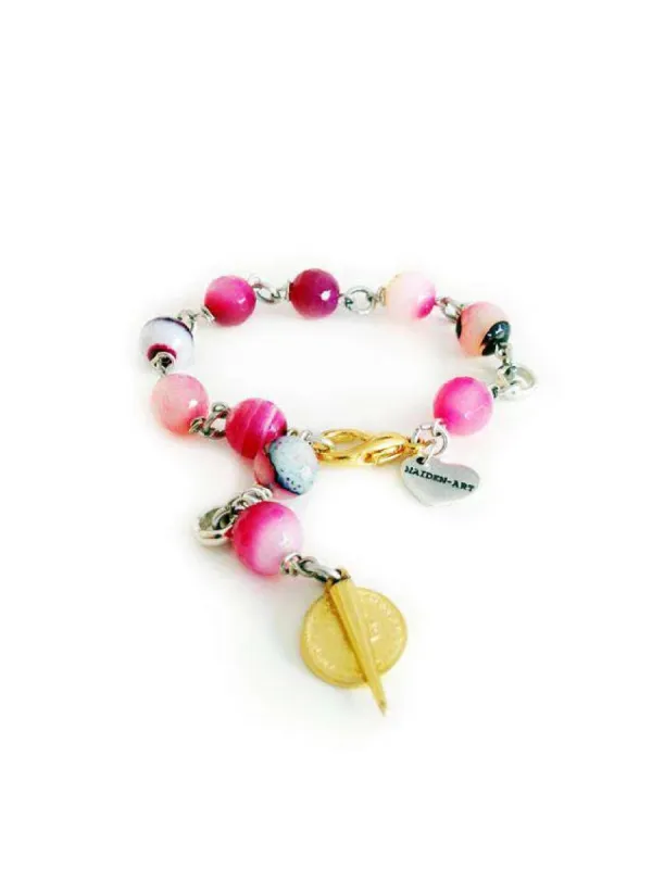 Rosary bracelet with pink agate stones, gold spikes and coins sold by Maiden-Art