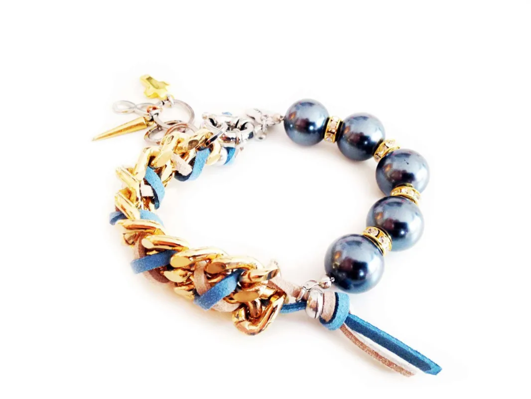 Handmade cuff bracelet with colorful pearls and suede ribbons. sold by Maiden-Art