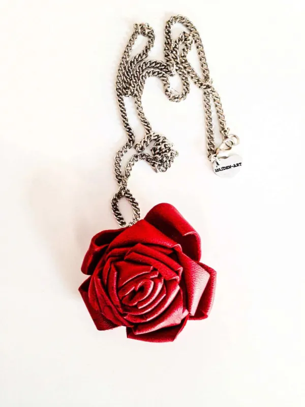 True Leather Red Rose Necklace sold by Maiden-Art
