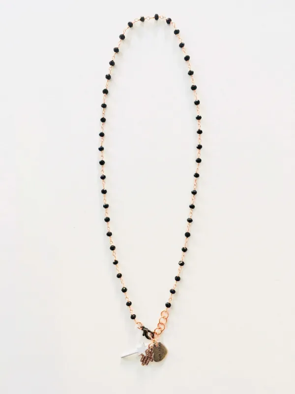 Rosary Necklace with Magic Wand and Hamsa Charm sold by Maiden-Art