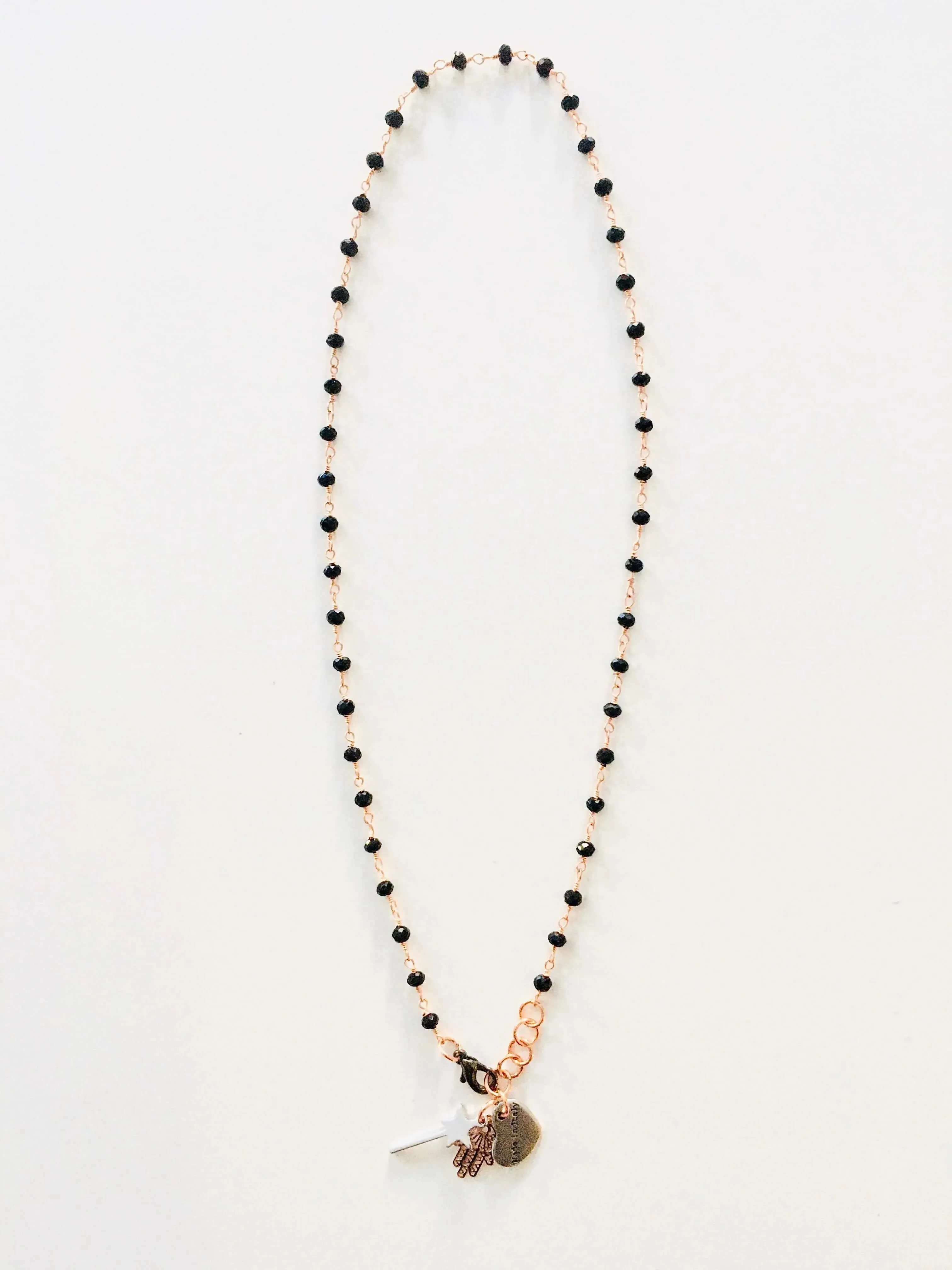 Rosary Necklace with Magic Wand and Hamsa Charm sold by Maiden-Art