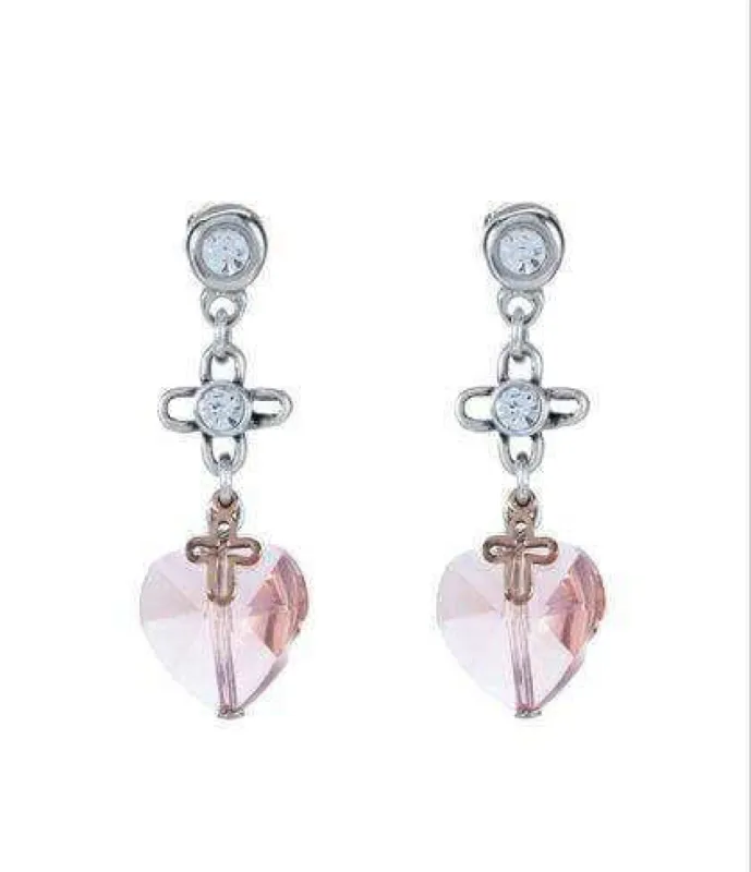 Dangle and drop earrings with peach hearts and crystals sold by Maiden-Art