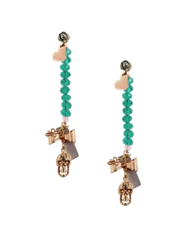 Emerald Green Crystals and Rose Gold Skull, Heart Charms Earrings sold by Maiden-Art