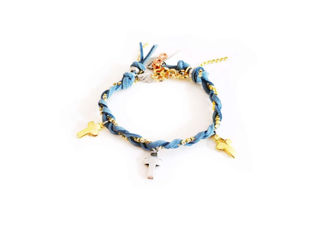 Friendship bracelet with golden crosses, colorful suede ribbons and rhinestones. Coachella bracelets, Boho chic bracelets, hippie bracelets sold by Maiden-Art
