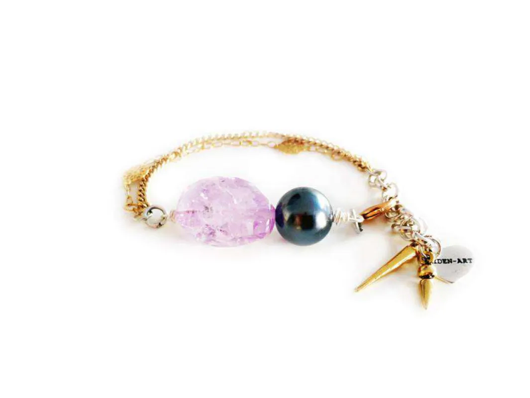 18kt Gold Plated Charm bracelet with amethyst stone, black pearl and small charms. sold by Maiden-Art