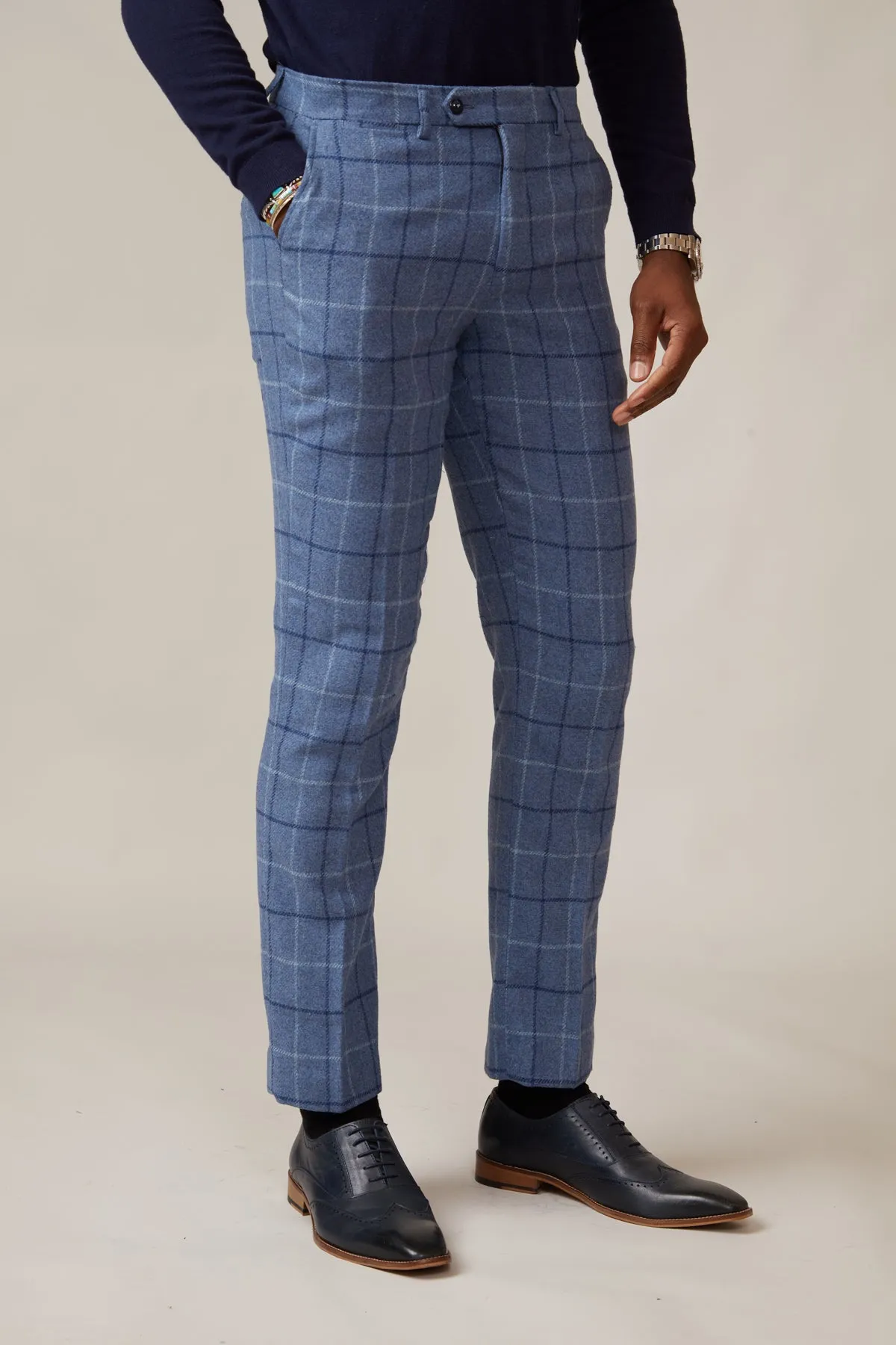CLINTON - Blue Tweed Check Trousers sold by Marc Darcy
