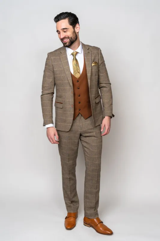 TED - Tan Tweed Check Suit with Kelvin Tan Waistcoat made by Marc Darcy
