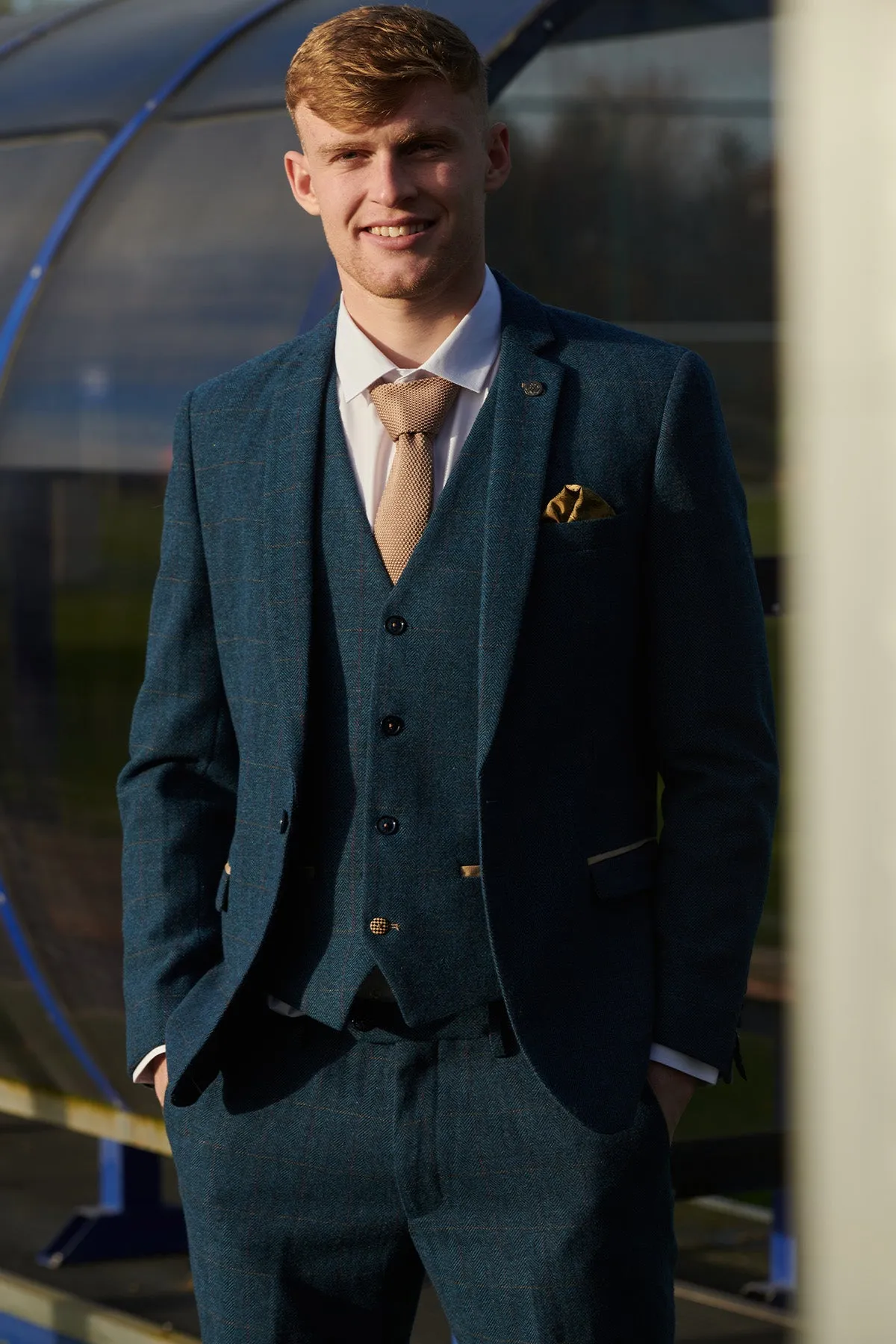 The Everton Collection | Jarrad Branthwaite In DION Blue Tweed Check Suit sold by Marc Darcy product image thumbnail 2