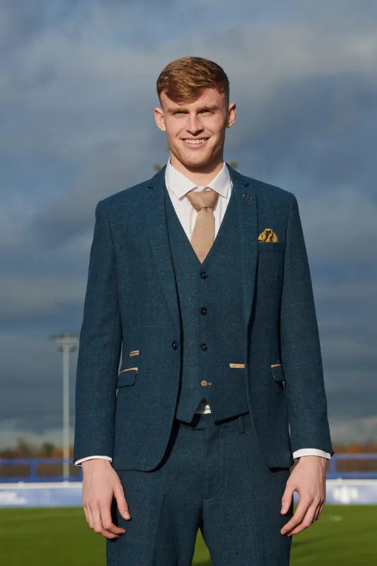 The Everton Collection | Jarrad Branthwaite In DION Blue Tweed Check Suit made by Marc Darcy